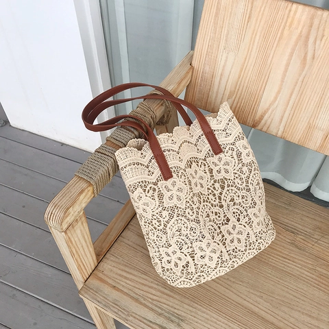 French Style Lace Crochet Flower Tote Bag Large Capacity Hollow Out Handbag With Faux Leather Handle And Inner Pouch