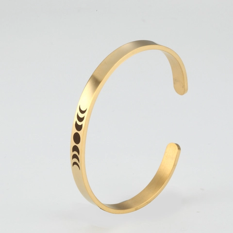 Minimalistischer Edelstahl Mondphasen Gravur C-Form Offener Armreif Für Damen Einfach Poliertes Verstellbares Metall Armband Schmuck