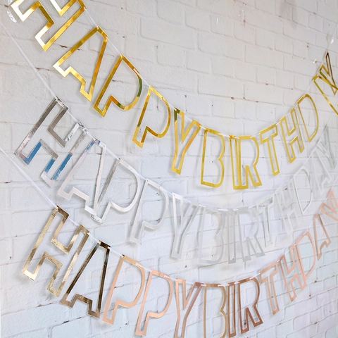 Happy Birthday Banner Hollow Out Mirror Paper Garland Glitter Cardstock Pull Flag Reflective Metallic Party Decoration