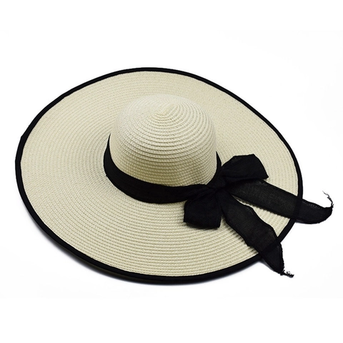 Chapeau De Soleil En Paille À Bord Large Pour Femmes Élégant Chapeau De Plage D'été Avec Grand Nœud En Mousseline