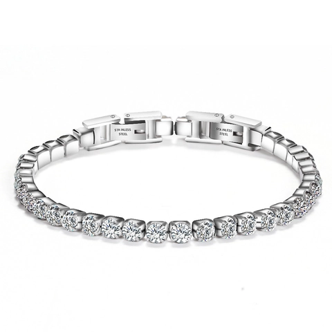 Bracelet Tennis En Acier Inoxydable Minimaliste Avec Zircone Cubique Ronde Fermoir Double Réglable Bijoux Mode Femme