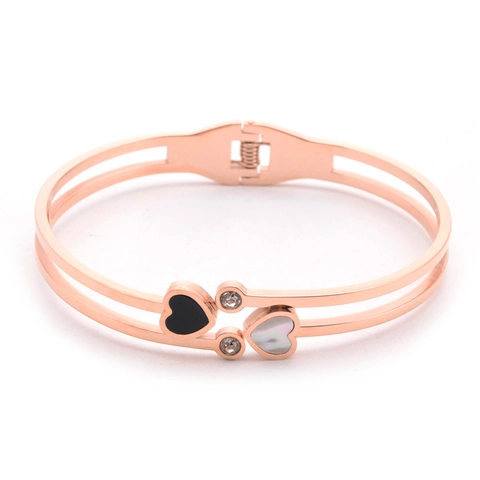 Double Heart Bangle Bracelet Rose Gold Plated Titanium Steel Mother Of Artificial Pearl Shell Rhinestone Minimalist For Women