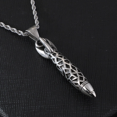 Retro Stainless Steel Rocket Pendant Hollow Geometric Grid Design Vintage Industrial Punk Style Men Jewelry Accessory