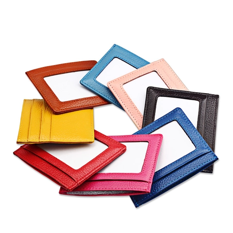 Genuine Leather Card Holder RFID Blocking Slim Wallet Lychee Texture Multiple Slots Transparent ID Window Credit Card Case