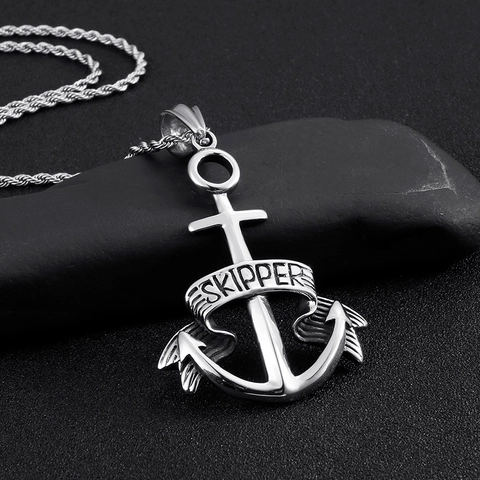 Colgante De Ancla De Barco Y Cruz Acero Inoxydable 316L Grabado Skipper Estilo Náutico Para Hombre