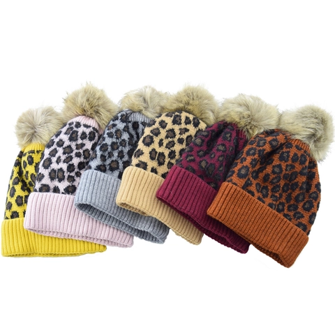 Beanie Hat Leopard Print Knitted Fleece Lined Winter Warm Faux Fur Pom Pom For Adult And Kids Parent Child Matching