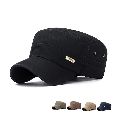 Vintage Washed Cotton Cadet Cap Flat Top Military Hat With Metal Logo Adjustable Buckle Outdoor Distressed Casual For Men