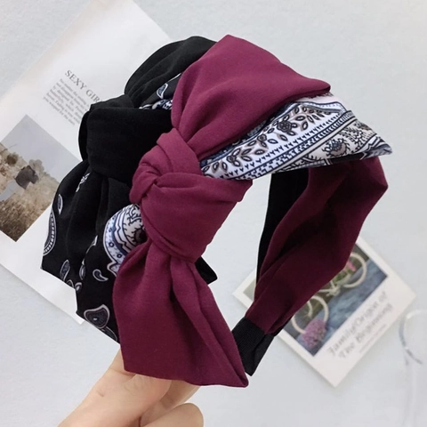 Vintage Wide Fabric Headband With Large Bow Paisley Pattern Twisted Color Block Hair Accessories For Women Girls