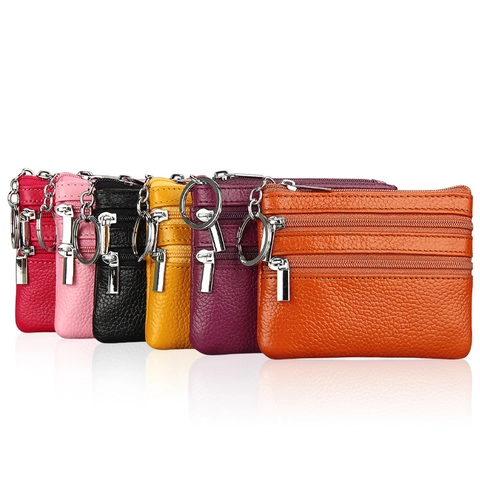 Coin Purse First Layer Cowhide Leather Three Zipper Pockets Lychee Texture Small Wallet With Key Ring Unisex