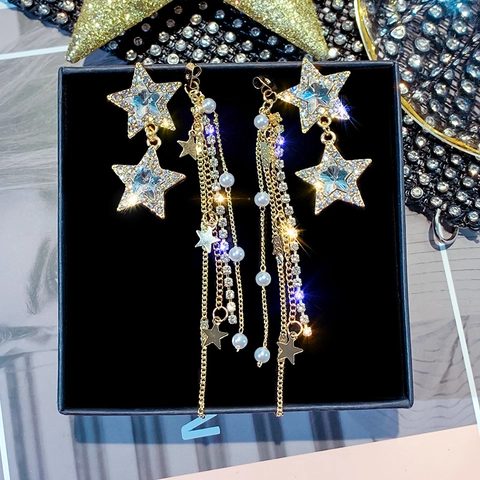 Orecchini Lunghi Nappa Stella Strass Cristallo Perla Artificial Sintetica Pendenti Con Perno In Argento Elegante Moda Donna