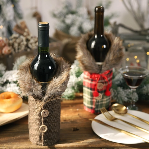 Christmas Wine Bottle Covers Stripe Plaid Dress Design With Faux Fur Collar Wood Buttons Festive Dinner Table Decor Xmas Gift