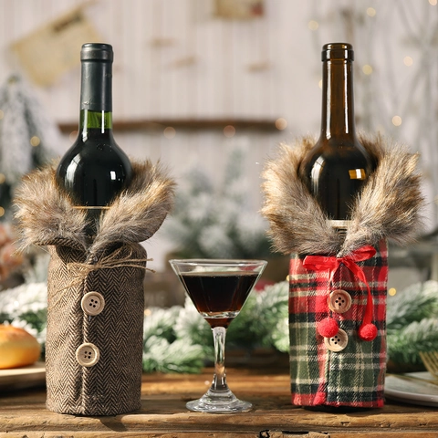 Christmas Wine Bottle Covers Stripe Plaid Dress Design With Faux Fur Collar Wood Buttons Festive Dinner Table Decor Xmas Gift