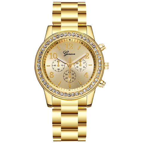 Fashion Women Quartz Watch Alloy Strap Rhinestone Bezel Decorative Three Dial Analog Wristwatch Elegant Luxury Style