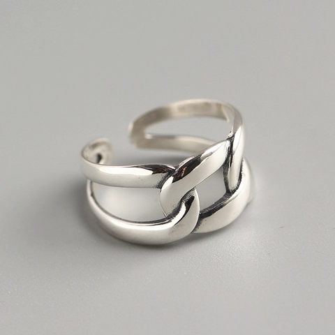 925 Sterling Silber Ring Doppelschicht Kettenglied Minimalistisch Geometrisch Offen Verstellbar Finger Schmuck Frauen Vintage
