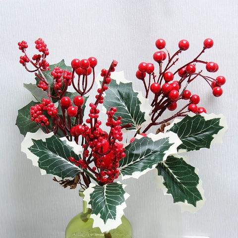 Künstliche Weihnachtsbeeren Zweige Gefrostete Rote Beeren Kiefernzapfen Stechpalmenblätter Für DIY Kranz Baum Deko