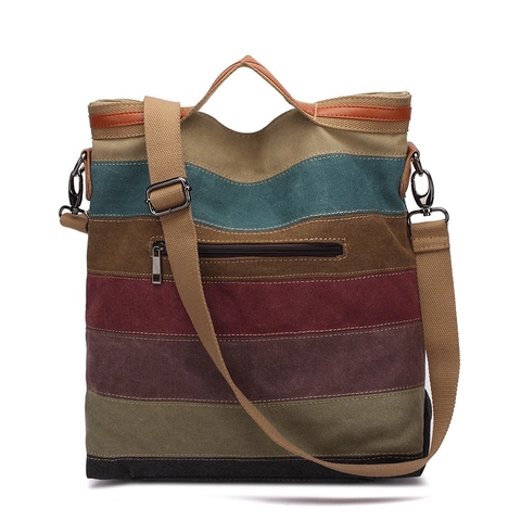 Sac À Épaule En Toile Rayée Avec Bordure En Cuir Bandoulière Réglable Sac À Main Rétro Messenger Pour Femmes Quotidien