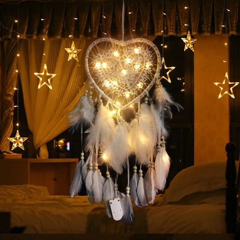 Atrapasueños En Forma De Corazón Hecho A Mano Pluma Encaje Decoración De Pared Con Luces LED Para Dormitorio Boda Boho