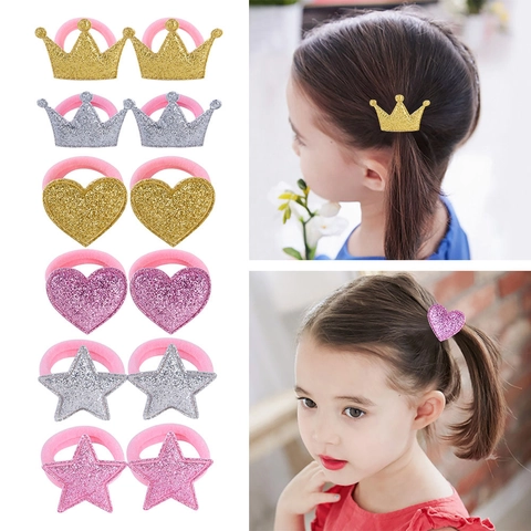 Élastiques à Cheveux Pailletés Couronne Cœur Étoile pour Filles Enfants Bandes de Cheveux Élastiques en Polyester Accessoires Cheveux Princesse