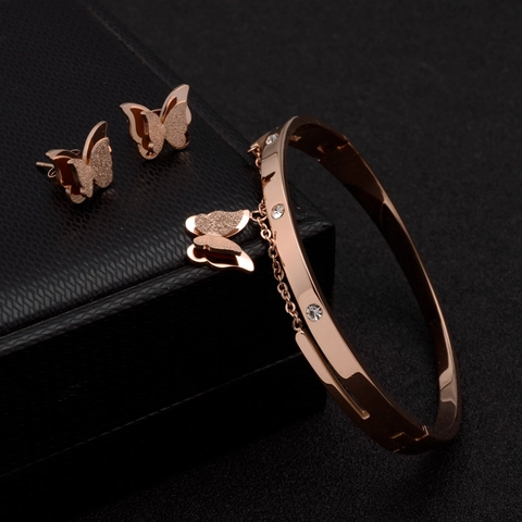Butterfly Charm Bracelet And Earrings Titanium Steel Rose Gold Plated Zirconia Elegant Fashion Jewelry For Women
