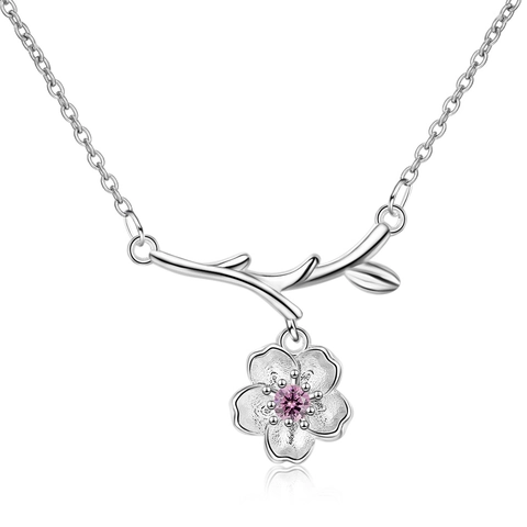 Elegant Cherry Blossom Branch Pendant Necklace Copper With Pink Purple Rhinestone Inlaid Sweet Floral Neck Jewelry For Women