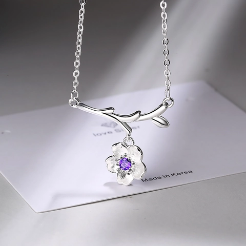 Elegant Cherry Blossom Branch Pendant Necklace Copper With Pink Purple Rhinestone Inlaid Sweet Floral Neck Jewelry For Women