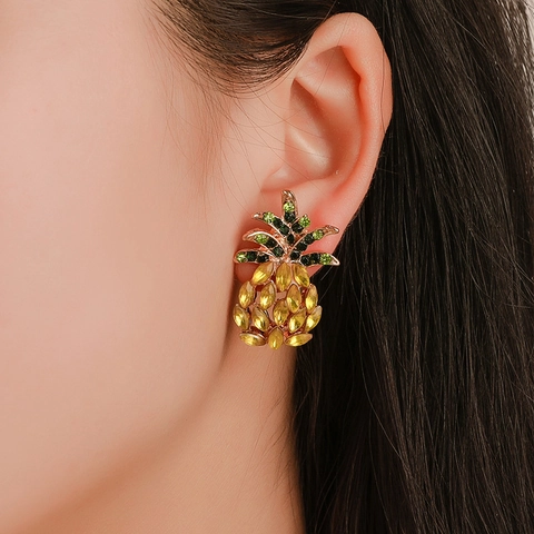 Pineapple Stud Earrings Gold Plated Alloy With Yellow And Green Rhinestone Tropical Fruit Style Jewelry For Women