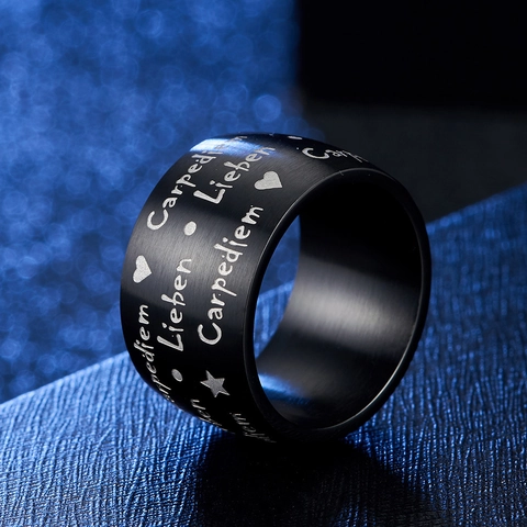 Stainless Steel Ring Wide Band Brushed Matte Carpe Diem Lieben Engraved Heart Star Pattern Unisex Fashion Jewelry