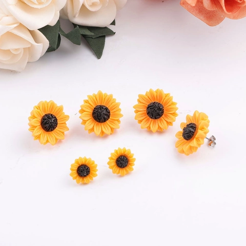 Yellow Sunflower Resin Stud Earrings With Stainless Steel Earring Post Fresh Sweet Flower Jewelry For Women