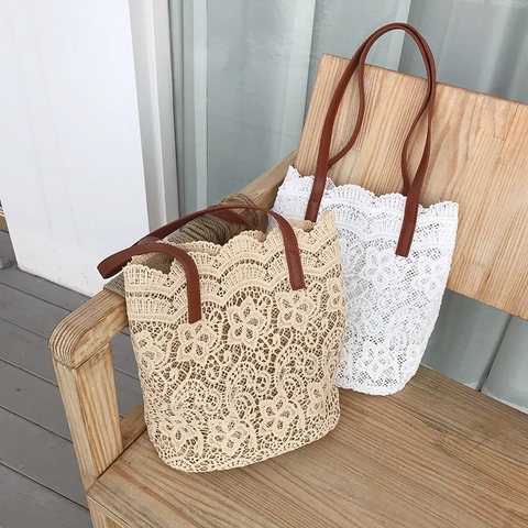 French Style Lace Crochet Flower Tote Bag Large Capacity Hollow Out Handbag With Faux Leather Handle And Inner Pouch