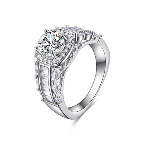 Luxury Women Engagement Ring Copper Cubic Zirconia Halo Round Cut Baguette Side Stones Wedding Jewelry Silver Tone