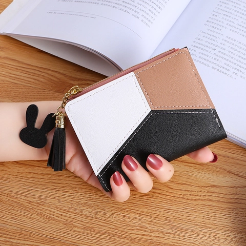 Women Short Wallet PU Leather Geometric Patchwork Zipper Coin Purse With Tassel Rabbit Pendant Elegant Card Holder