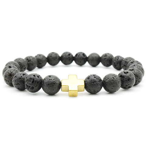 Natural Black Lava Stone Beaded Bracelet With Metal Cross Charm Hematite Stones Religious Jewelry For Men Women Retro Style
