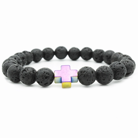 Natural Black Lava Stone Beaded Bracelet With Metal Cross Charm Hematite Stones Religious Jewelry For Men Women Retro Style