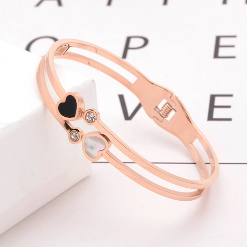 Double Heart Bangle Bracelet Rose Gold Plated Titanium Steel Mother Of Artificial Pearl Shell Rhinestone Minimalist For Women