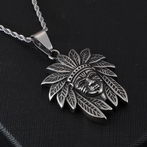 Pendentif Tête De Chef Indien Vintage En Acier Inoxydable Style Punk Rétro Hip Hop Bijoux Pour Hommes