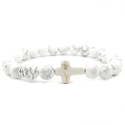 Bracciale Di Perle In Pietra Naturale Ciondolo A Croce Turchese Bianco Pietra Lavica Gioielli Elastici