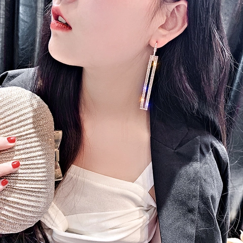 Long Rectangular Drop Earrings Women Rhinestone 925 Sterling Silver Earring Post Alloy Geometric Fashion Jewelry