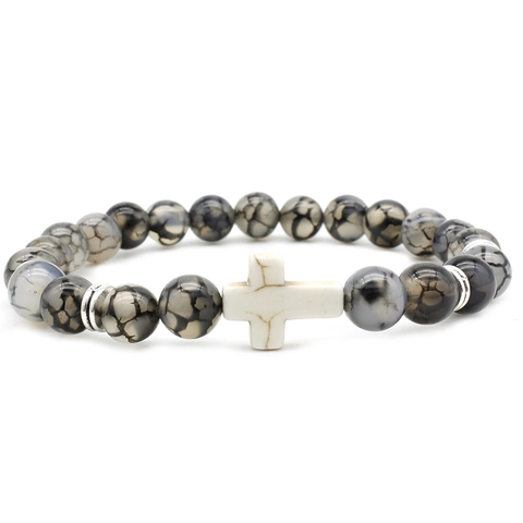 Bracciale Di Perle In Pietra Naturale Ciondolo A Croce Turchese Bianco Pietra Lavica Gioielli Elastici