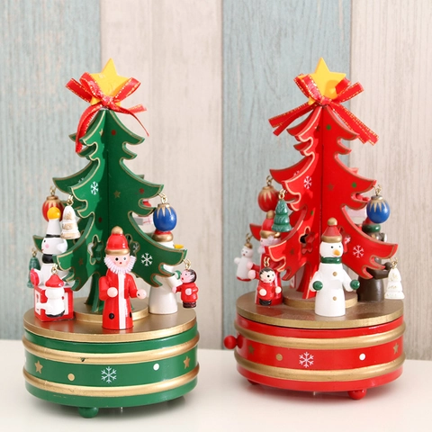 Boîte À Musique Arbre De Noël Rotatif En Bois Ornement De Bureau Mécanique Décoration De Fête Cadeau Pour Table