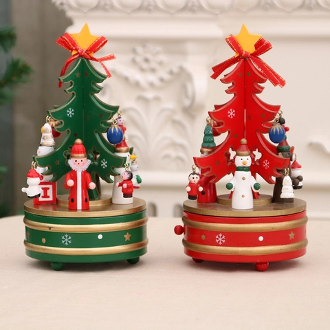 Boîte À Musique Arbre De Noël Rotatif En Bois Ornement De Bureau Mécanique Décoration De Fête Cadeau Pour Table