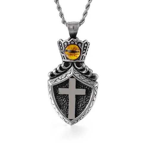 Pendentif Croix Bouclier Gothique Vintage Pour Hommes 316L Acier Inoxydable Oeil Du Mal Couronne Punk