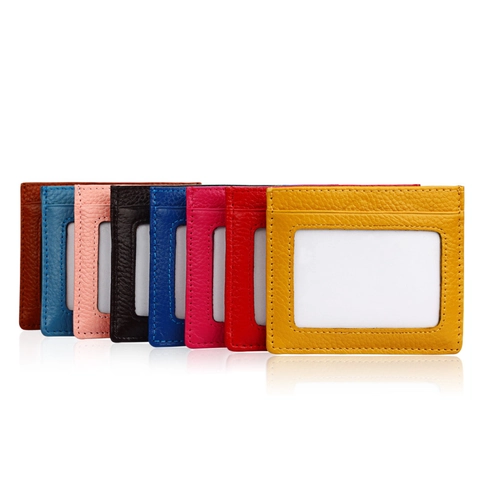 Genuine Leather Card Holder RFID Blocking Slim Wallet Lychee Texture Multiple Slots Transparent ID Window Credit Card Case