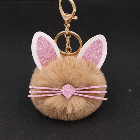 Cute Cat Ear Pom Pom Keychain Plush Faux Rex Rabbit Fur Glitter Whiskers Bag Pendant Car Hanging Decoration