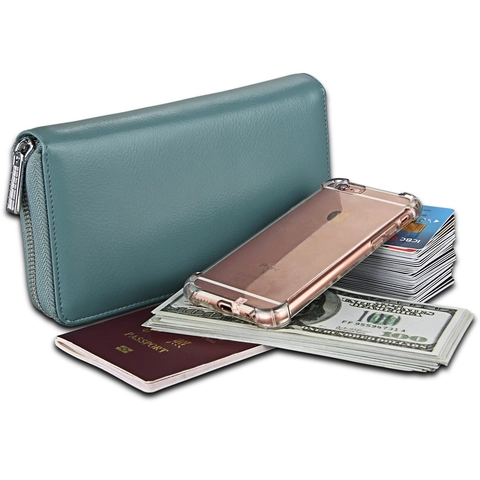 Genuine Leather RFID Blocking Long Wallet Large Capacity Accordion Card Holder Multi-functional Passport Bag