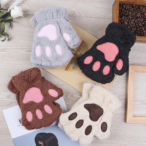 Katzenpfote Fingerlose Handschuhe Plüsch Kunstfell Warm Winter Süße Cartoon Fäustlinge Für Damen Mit Umhängeband