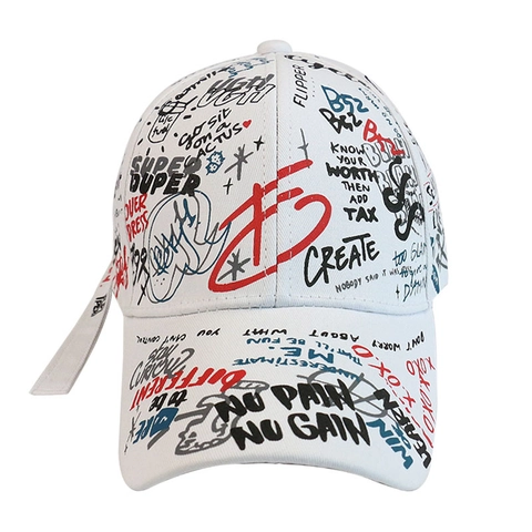 Graffiti Cotton Baseball Cap With Adjustable Long Strap Streetwear Hip Hop Sun Hat For Men Women