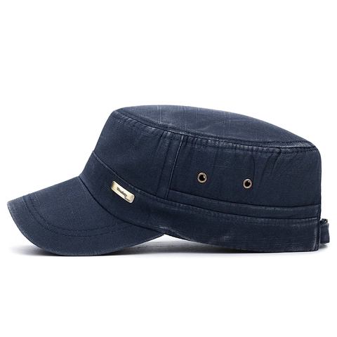 Vintage Washed Cotton Cadet Cap Flat Top Military Hat With Metal Logo Adjustable Buckle Outdoor Distressed Casual For Men
