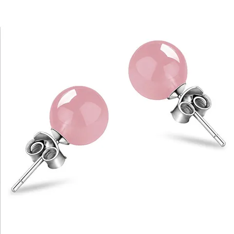 S925 Sterling Silver Natural Rose Quartz Stud Earrings Minimalist Round Pink Stone Geometric Jewelry For Women Dating Gift