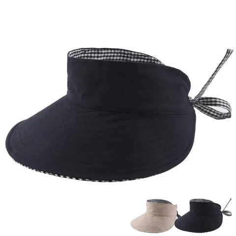 Cappello Da Sole Visiera Da Donna Tesa Larga Cotone Poliestere Doppio Lato Quadri Protezione UV Estate Spiaggia All'aperto