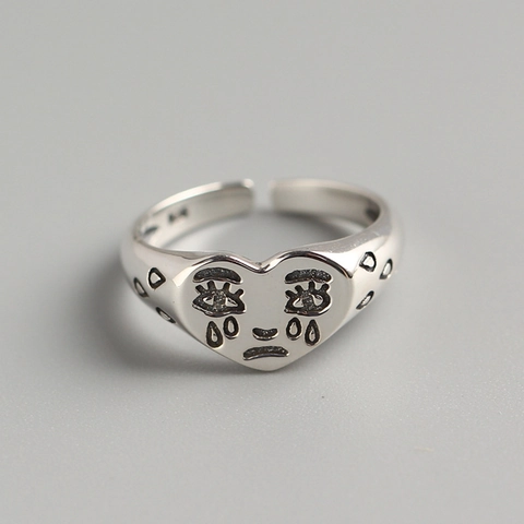 Crying Face Ring 925 Sterling Silber Trauriges Herz Verstellbar Offen Vintage Kreativer Schmuck Für Damen
